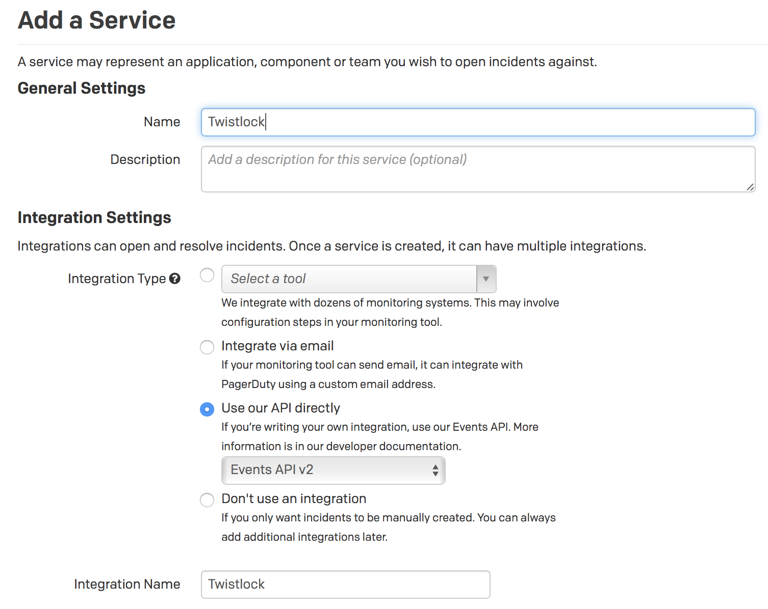 pagerduty add service form
